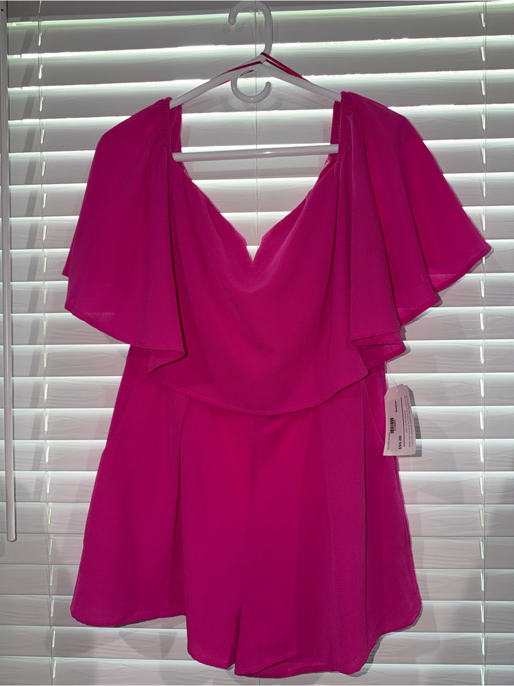 eesome One-Shoulder Flutter Romper in Fuchsia